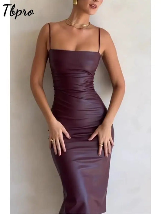 Synthetic Leather Backless Bandage Midi Dress Women Elegant Banquet Party Formal Vestidos Christmas Night Club Outfits Robes