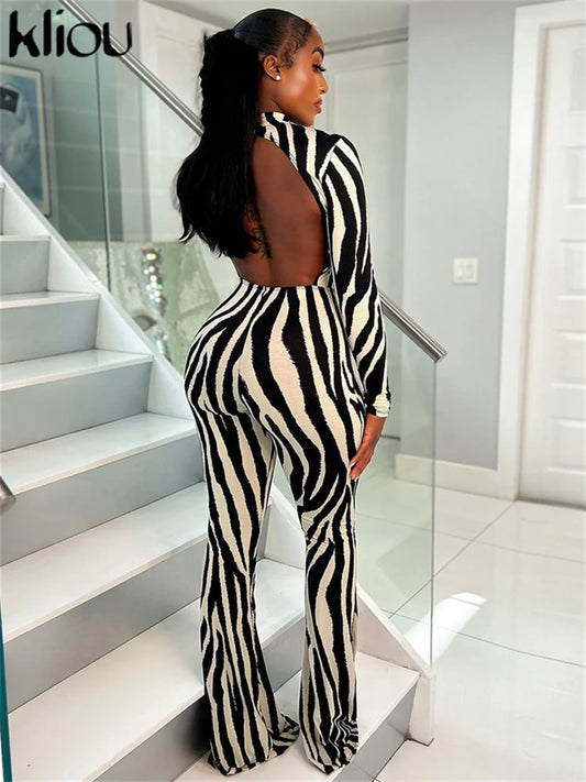 kliou Classic Striped Print Jumpsuits Women Fashion Long Sleeve Sexy Back Hollow Out Slim Fit Flare Overalls Female Attirewear