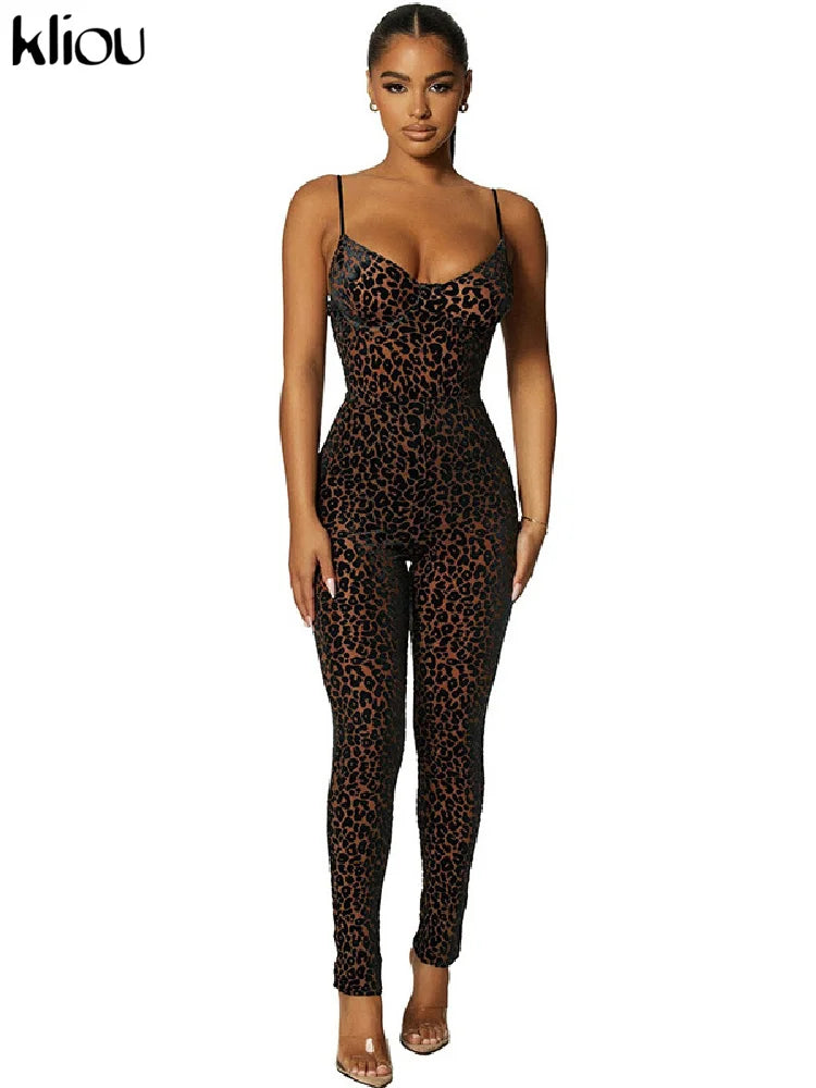 Kliou Flocking Mesh Jumpsuit Women Autumn Sexy Camis Leopard Patchwork Body-Shaping One Piece Clothing Midnight Attire Clubwear