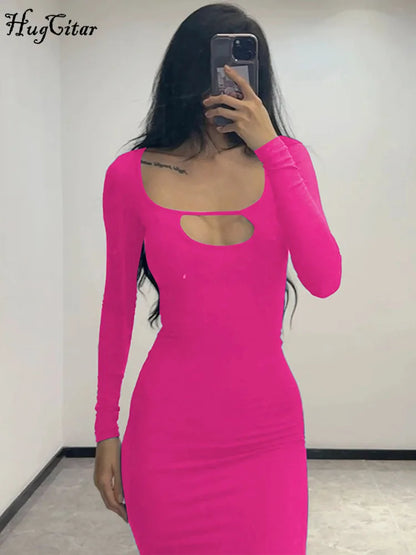 Hugcitar Ribbed Solid Square Neck Long Sleeve Hollow Out Sexy Slim Elegant Maxi Dress Fall Women Party Birthday Club Outfits Y2K