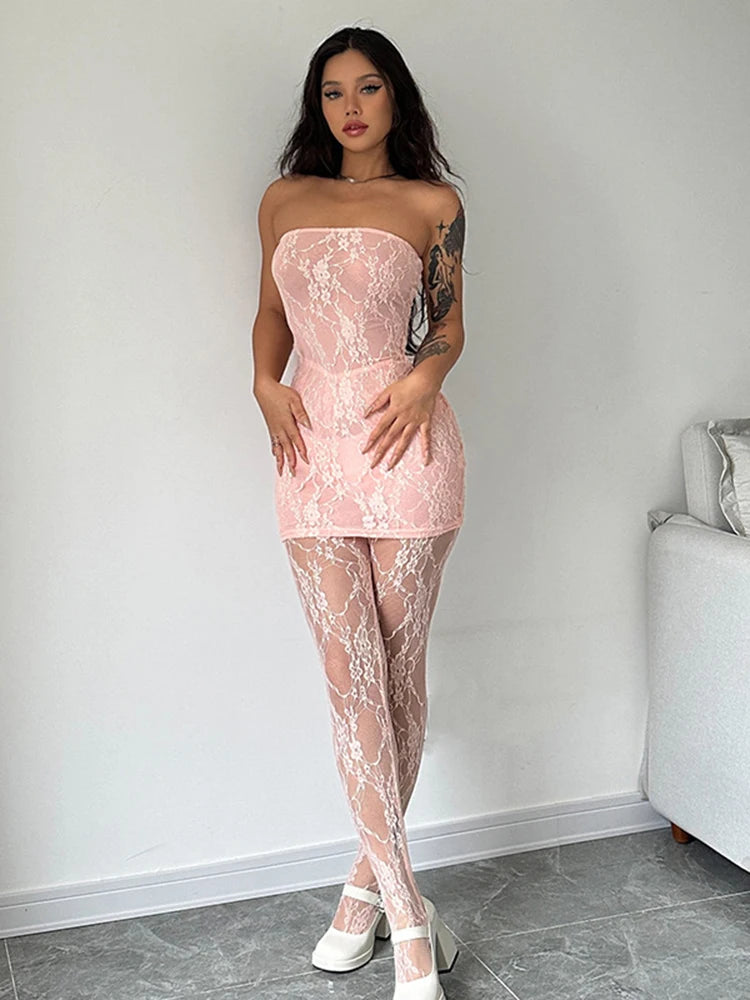 Hugcitar – ensemble 2 pièces en maille sans bretelles, imprimé floral, Sexy, moulant, Mini robe, Leggings de pied, vêtements de plage, vacances, Y2K, automne 2024