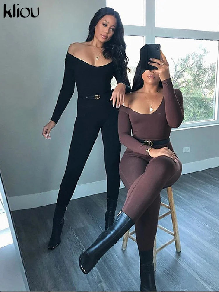 Kliou Autumn Solid Stretchy Bodycon Jumpsuits Women Slim Casual Skinny Streetwear Active Fitness Sporty Work Out Rompers