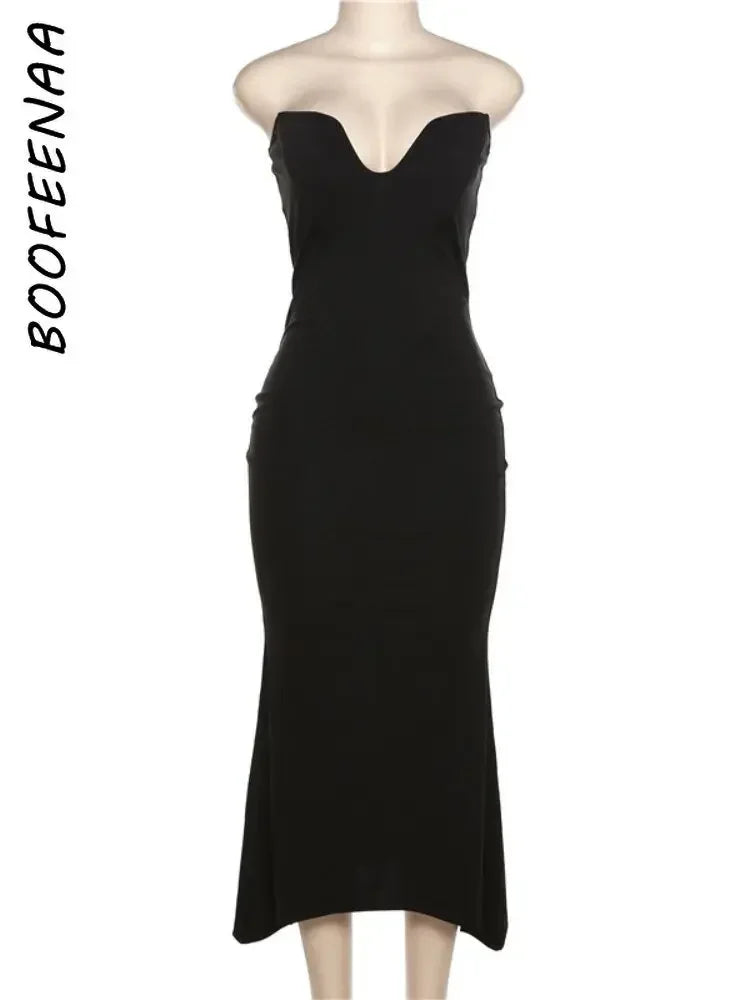 BOOFEENAA Sexy noir bretelles Corset robes pour les femmes soirée élégante col en V dos nu moulante longue robe Maxi C76-DF20