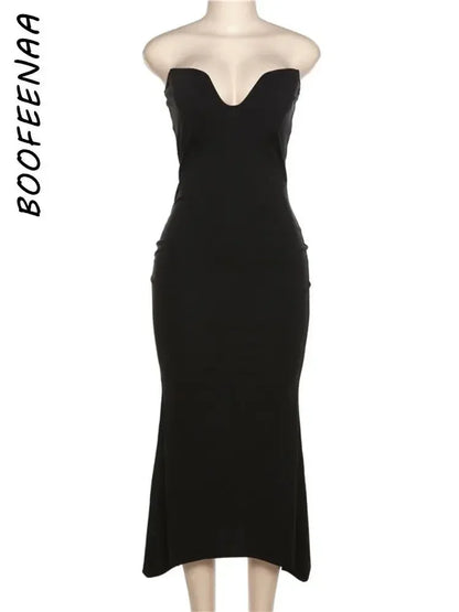 BOOFEENAA Sexy negro sin tirantes vestidos con corsé para mujer fiesta de noche elegante cuello en V espalda descubierta ceñido al cuerpo largo Maxi vestido C76-DF20