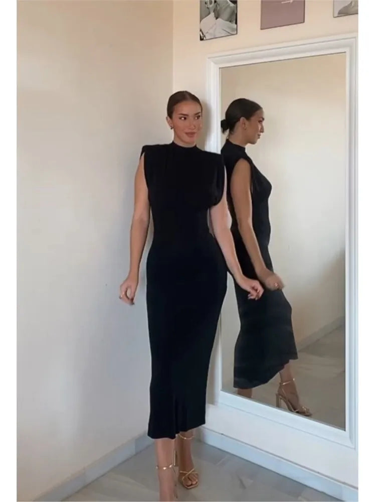 Women Fashion Black O Neck Midi Dresses Sexy Sleeveless Rear Split High Waist Slim Dresses Elegant Female Streetwear Chic Robes