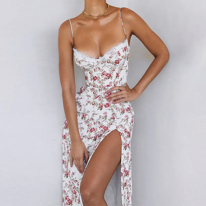 Hugcitar-vestido Midi con volantes y estampado Floral, sin mangas, Espalda descubierta, Sexy, ceñido al cuerpo, con abertura, ropa elegante de verano para fiesta Y2K, venta al por mayor