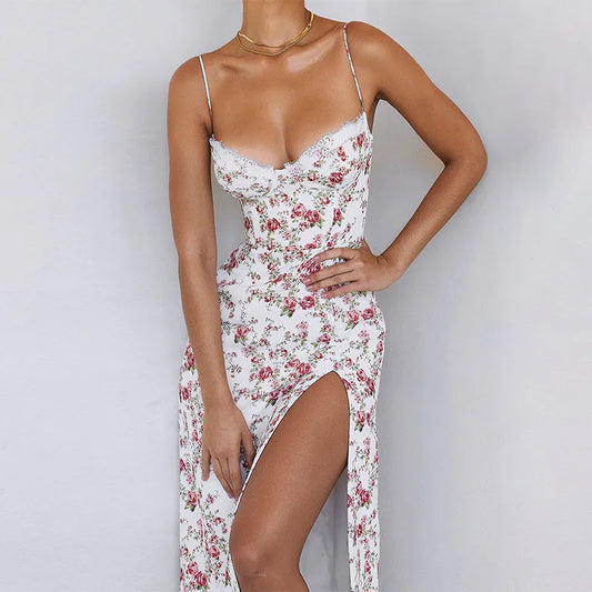 Hugcitar Ruffles Floral Print Slip Sleeveless Backless Sexy Bodycon Slit Midi Dress Summer Elegant Clothes Party Y2K Wholesale