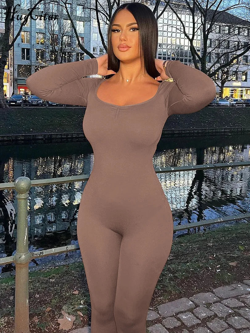 Hugcitar Square Collar Long Sleeve Solid Draped Sexy Bodycon Jumpsuit Fall Winter Women Fashion Streetwear Party Romper Overalls