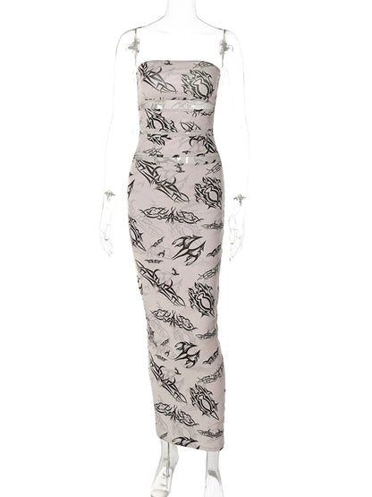 Hugcitar Graphic Print Strapless Hollow Out Elegant Sexy Slim Maxi Dress 2023 Summer Women Outfit Y2K Streetwear Festival