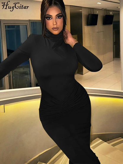 Hugcitar Elegant Turtleneck Long Sleeve Solid Shoulder Pads Draped Sexy Bodycon Maxi Dress Winter Women Outfit Birthday Party