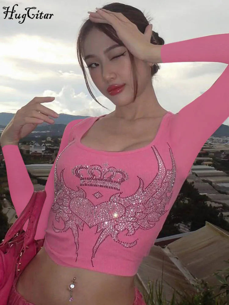 Hugcitar Sequined Graphic Long Sleeve Pink Kawaii Sexy Slim Crop T-Shirt Top 2023 Fall Women Y2K Clothes Festival Rave Party