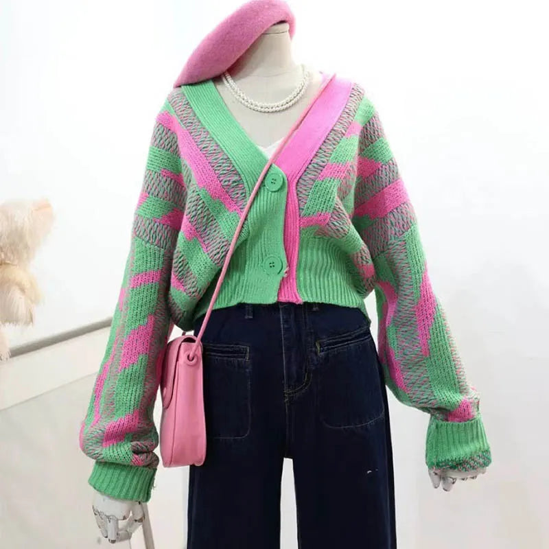 Cardigan court vert bloc de couleurs pour femmes, haut en tricot à manches longues, de rue, nouvelle mode coréenne Dongdaemun, automne hiver 2023