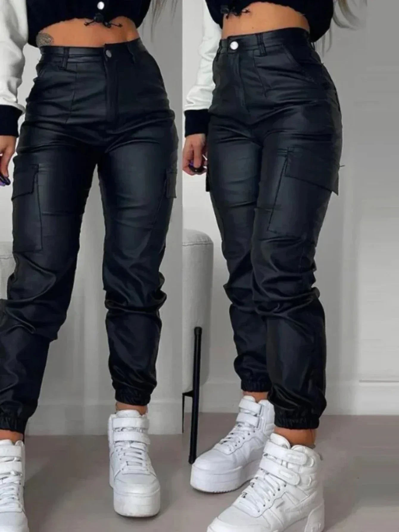 Y2K – pantalon Cargo Vintage pour femmes, élégant, Harajuku, Streetwear noir, moto, cuir Pu, taille haute, Harem, survêtement, vêtements