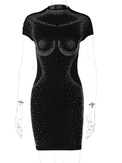 Hugcitar Shine Sequined Black Short Sleeve Elegant Sexy Bodycon Mini Prom Dress Summer Women Fashion Outfit Evening Party Club