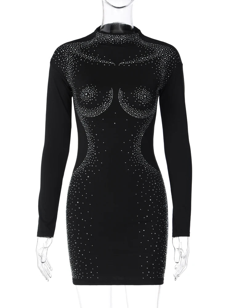 Hugcitar – Mini robe noire brillante à manches longues, corps pailleté, Sexy, Slim, mode d'été, vêtements gothiques, Streetwear, boîte de nuit Y2K, 2023