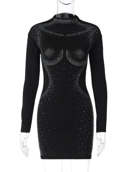 Hugcitar Shine Long Sleeve Black Body Sequined Sexy Slim Mini Dress 2023 Summer Fashion Goth Clothes Streetwear Nightclub Y2K