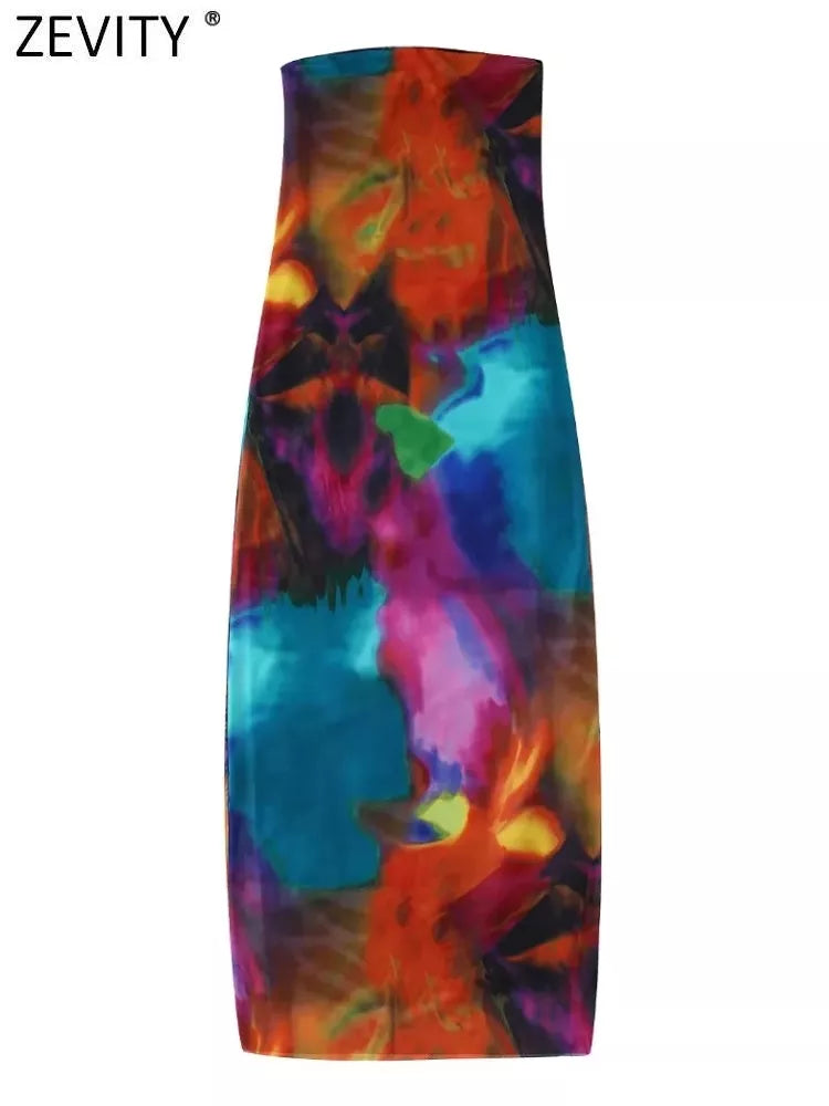 Zevity mujeres Sexy sin tirantes contraste Color Tie Dyed impresión malla vestido a media pierna ajustado Mujer Chic Vestidos de fiesta DS2120