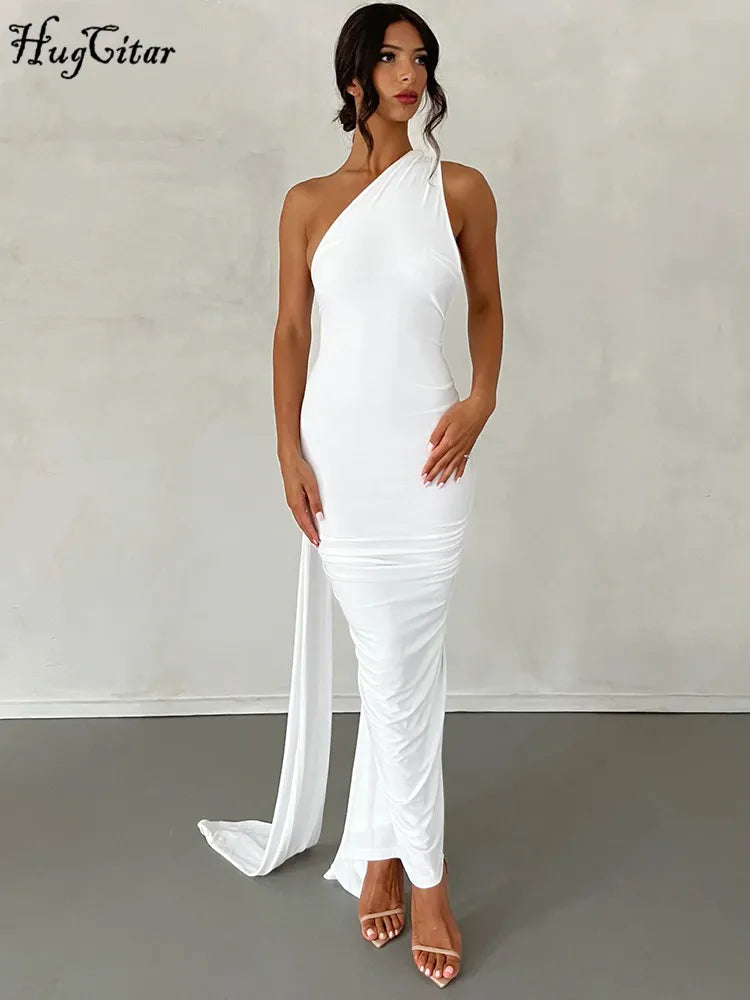 Hugcitar – robe Maxi froncée, asymétrique épaule dénudée, dos nu, écharpe réglable, boucle froncée, Sexy, élégante, Streetwear, tenue de Festival, Y2K, 2023