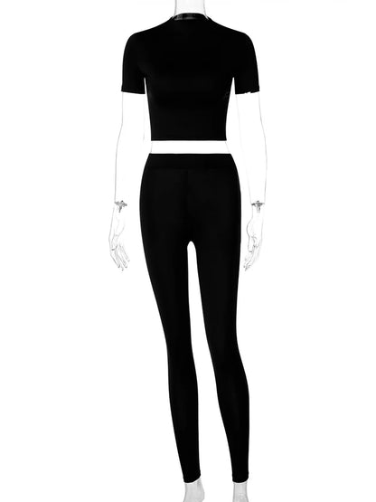 Hugcitar solide femmes 2 pièces ensemble à manches courtes haut court taille haute Leggings tenues vêtements de sport correspondant Co ords costume vêtements