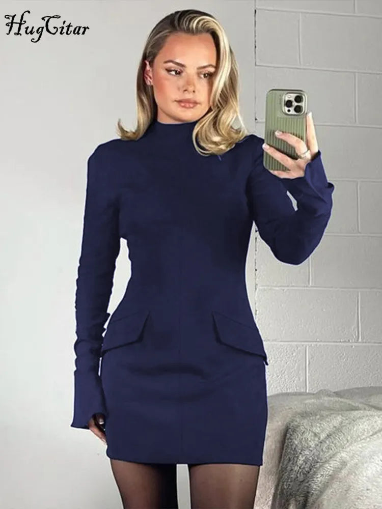 Hugcitar – Mini robe de bal élégante, couleur unie, manches longues, poches, Sexy, moulante, vêtements de printemps pour femmes, fête d'anniversaire, vacances, Y2K, 2024