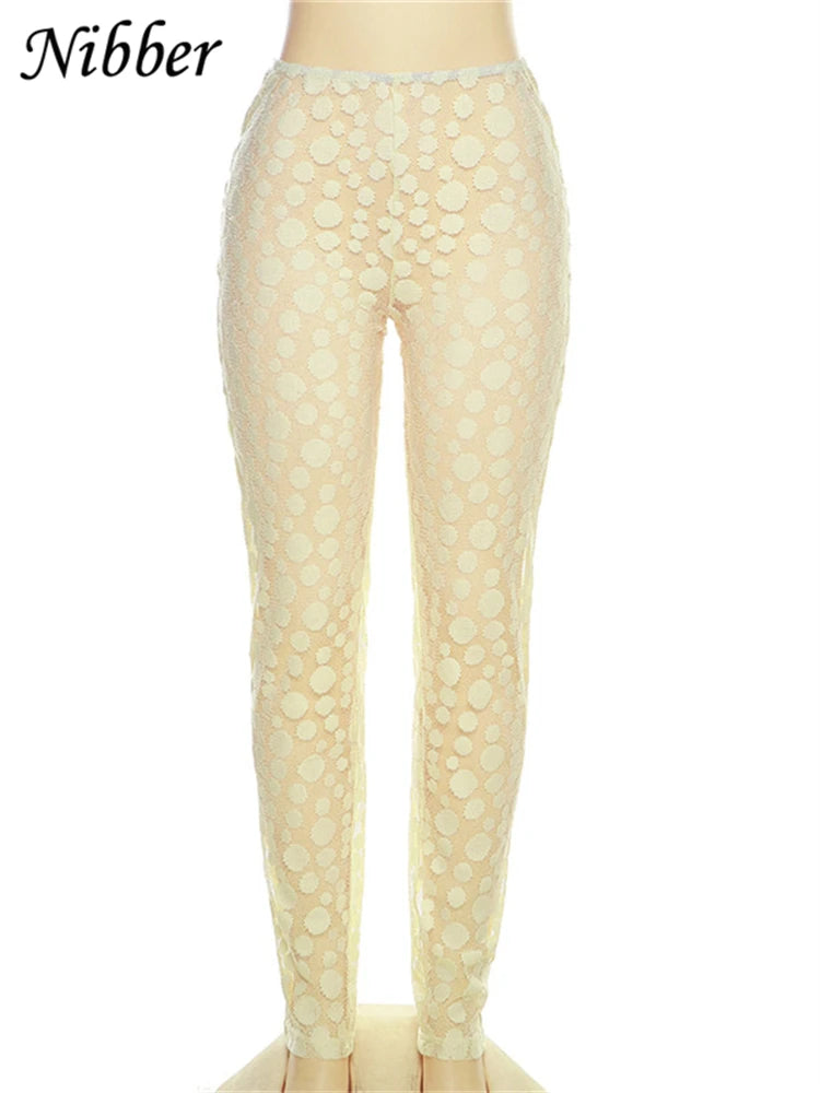 Nibber – Leggings en maille brodée pour femmes, pantalon transparent, extensible, taille moyenne, slim, bas élastique, Streetwear