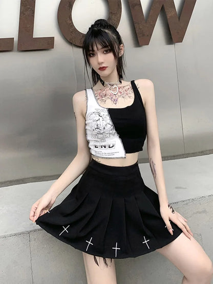 Punk Style Patchwork Tank Tops Aesthetic Letter And Graphic Print Women Crop Top Color Blocking Sleeveless Streetwear