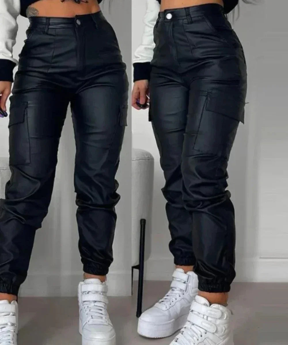 Y2K – pantalon Cargo Vintage pour femmes, élégant, Harajuku, Streetwear noir, moto, cuir Pu, taille haute, Harem, survêtement, vêtements