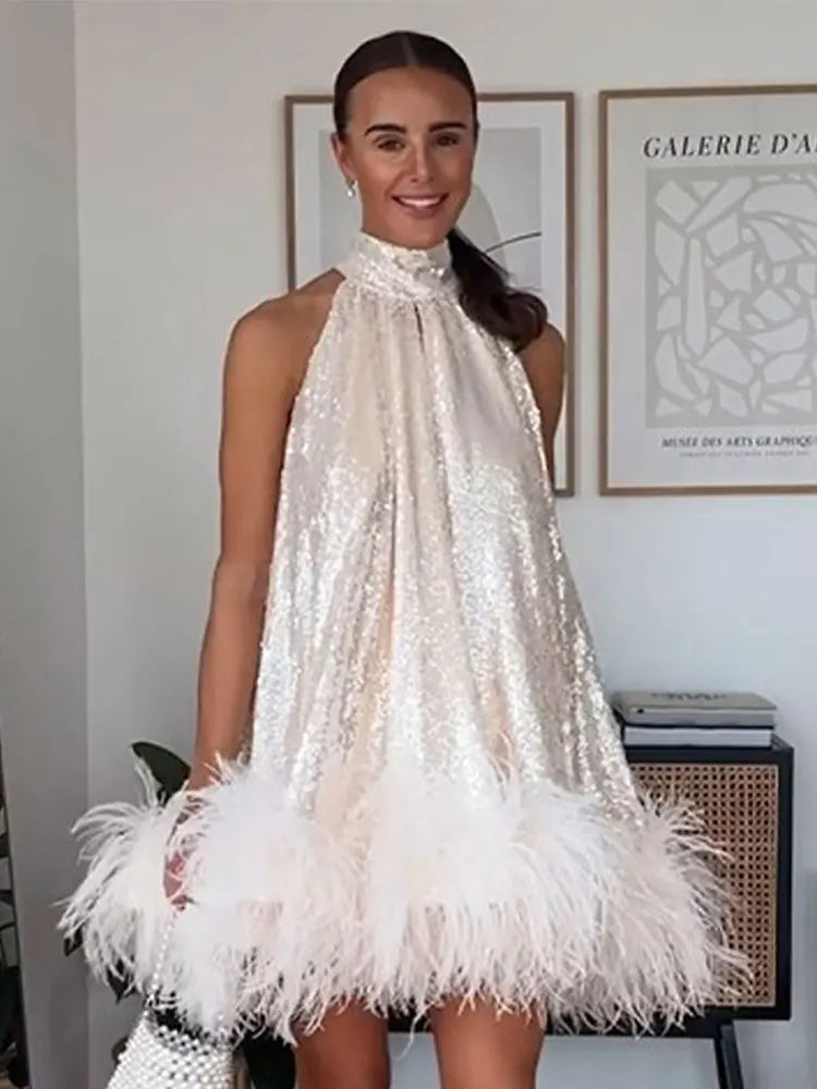 Vestido con lentejuelas y cuello colgante para mujer, minivestido sin mangas a la moda, dobladillo brillante, Vestidos de noche ajustados con temperamento