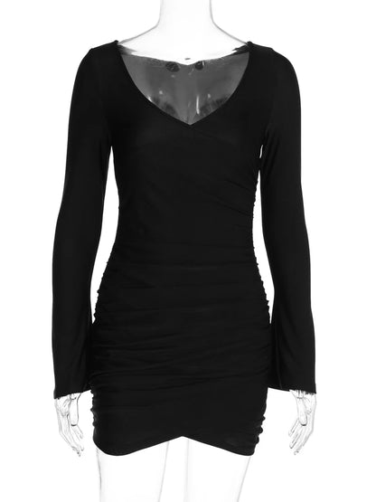 Hugcitar Black V Neck Long Flare Sleeve Ruched Elegant Sexy Bodycon Mini Prom Dress 2024 Spring Women Clothes Evening Party Club