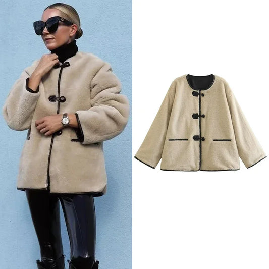 TRAF Otoño Invierno chaqueta de lana de piel sintética abrigo para mujer abrigos de lana y mezclas chaquetas de felpa de Tweed ropa de abrigo de moda de manga larga