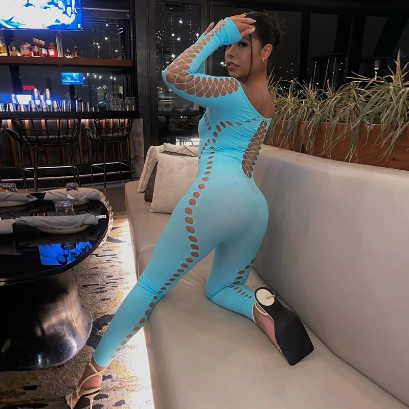 CUTENOVA Sexy Holes Rip Jumpsuit Mesh See Through Long Sleeve Skinny Overalls for Women Nightclub Strappy Outfit