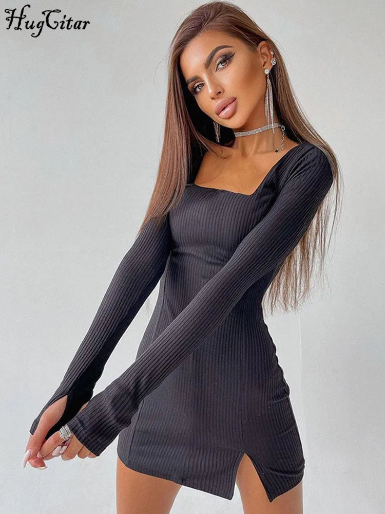 Hugcitar Green Solid Ribbed Long Sleeves Square Neck Sexy Slim Mini Prom Dress 2023 Fall Women Party Club Elegant Clothes Y2K