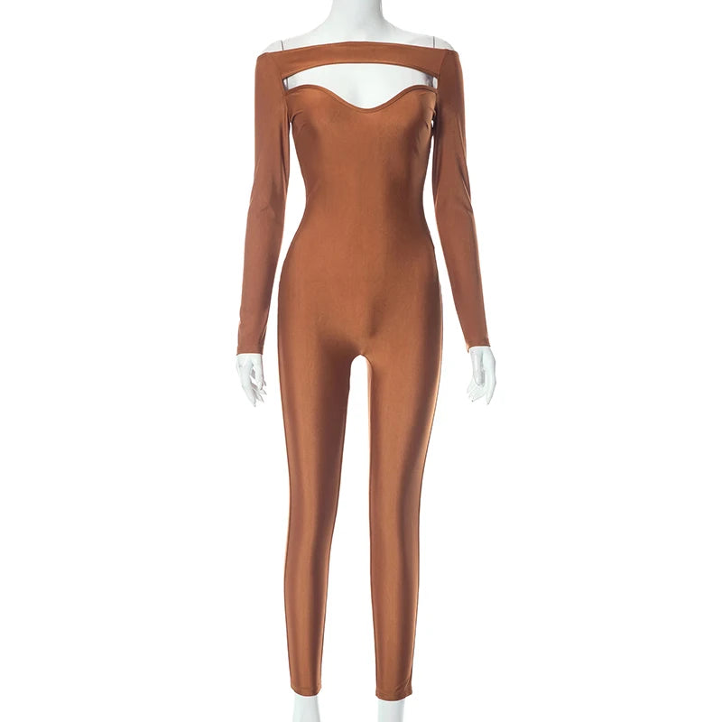 CUTENOVA Solid Brown Slashing Ruched Off Shoulder Collar Skeleton Exposure Sexy Long Sleeve  Pencil Jumpsuit Women Autumn Winter