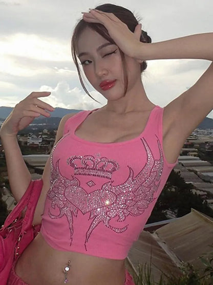 Hugcitar Wing Rhinestones Ribbed Crop Top For Women 2023 Summer Y2K Clothes Pink Tanks Streetwear Sexy Clothing Drop Shipping