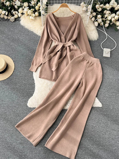 SINGREINY Winter Casual Two Pieces Suits Long Sleeve Knitted Cardigan Coat+Elastic Waist Wide Leg Pant Female Loose Sweater Sets