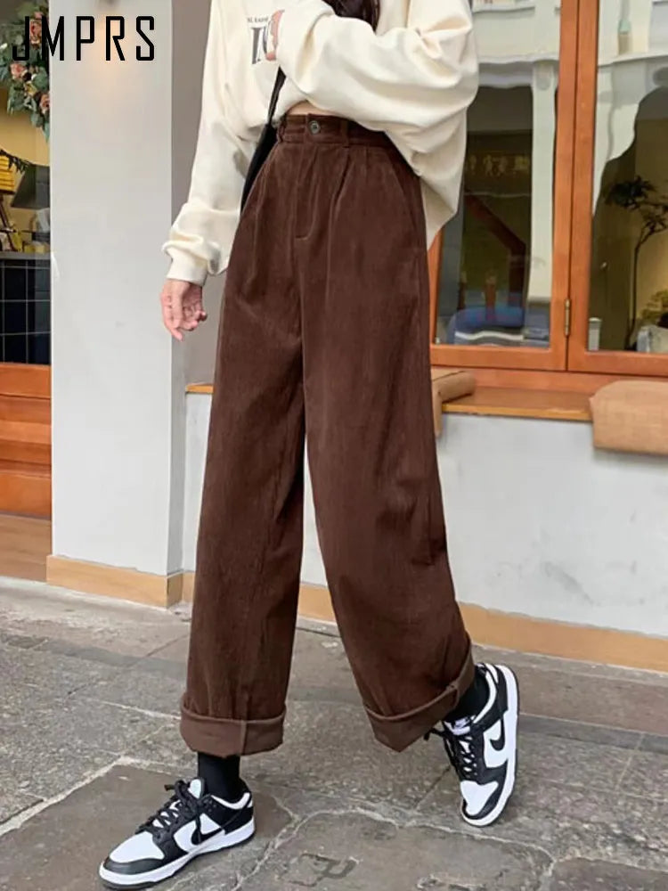 JMPRS High Waist Women Vintage Corduroy Pants Straight Casual Spring Trousers Koran Vintage Coffee Pockets All Match Pants New