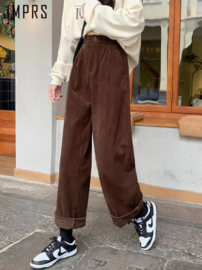 JMPRS taille haute femmes Vintage velours côtelé pantalon droit décontracté printemps pantalon Coran Vintage café poches tous Match pantalon nouveau