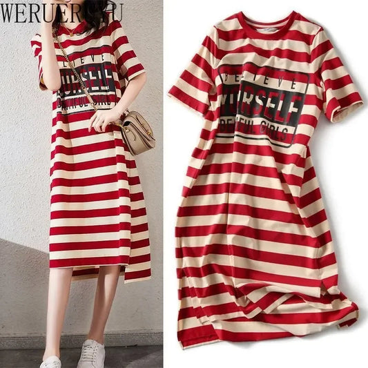 Striped Print Short Sleeve Midi Dress Summer Aesthetic Clothes Korean Fashion Casual Harajuku Dresses for Women 2023 Vestidos