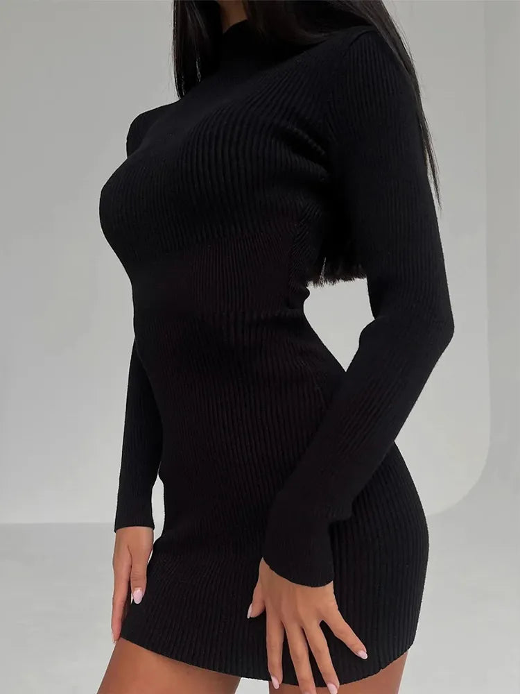 Knitted White Dress Women Elegant Fashion Turtleneck Bodycon Midi Dresses Female Autumn Winter Long Sleeve Slim Streetwear Dress