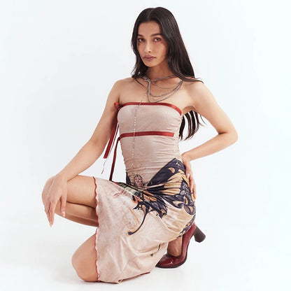 CUTENOVA Elegant Antique Style Butterfly Princess Print Dress Strapless  Irregular  Women Summer Delicate Charming Streetwear