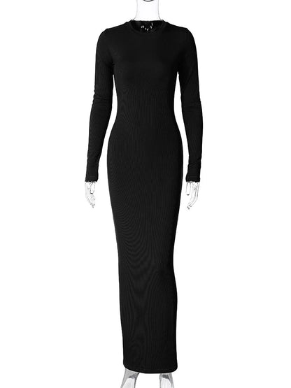 Hugcitar Women Elegant Solid Long Sleeve Sexy Bodycon Slim Maxi Prom Dress 2023 Fall Fashion Outfit Wedding Birthday Holiday Y2K