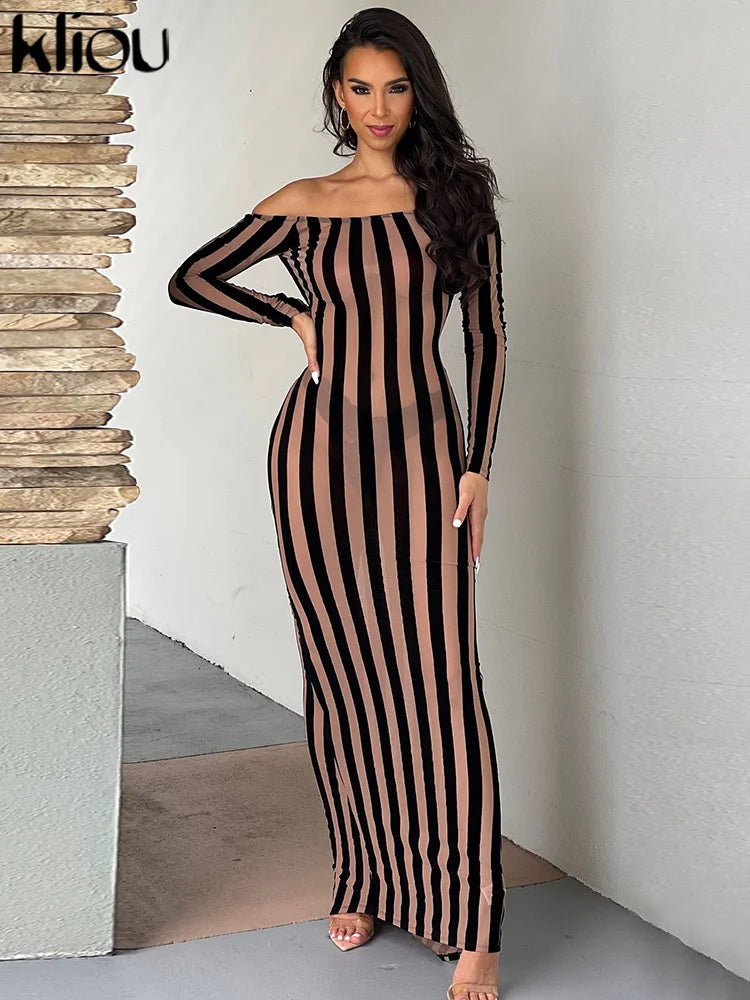 Kliou automne rayé femmes Robe Sexy pêche fesse voir à travers manches longues dos nu Robe femme élégante Slash cou Maxi moulante