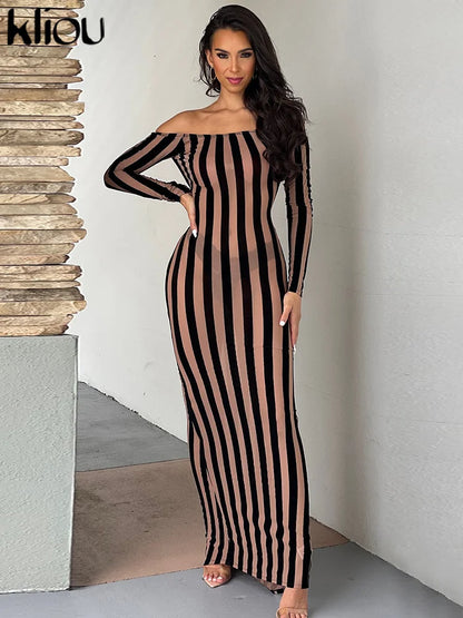 kliou Autumn Striped Women Dress Sexy Peach Buttock See Through Long Sleeve Backless Robe Female Elegant Slash Neck Maxi Bodycon