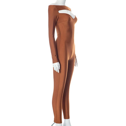 CUTENOVA Solid Brown Slashing Ruched Off Shoulder Collar Skeleton Exposure Sexy Long Sleeve  Pencil Jumpsuit Women Autumn Winter