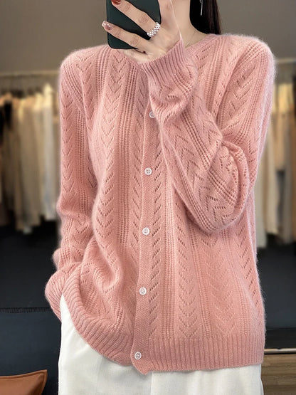 Cardigan en laine à manches longues pour femme, vêtement d'extérieur, pull à col rond, tricot, Style coréen, nouveau vêtement d'extérieur, Crochet