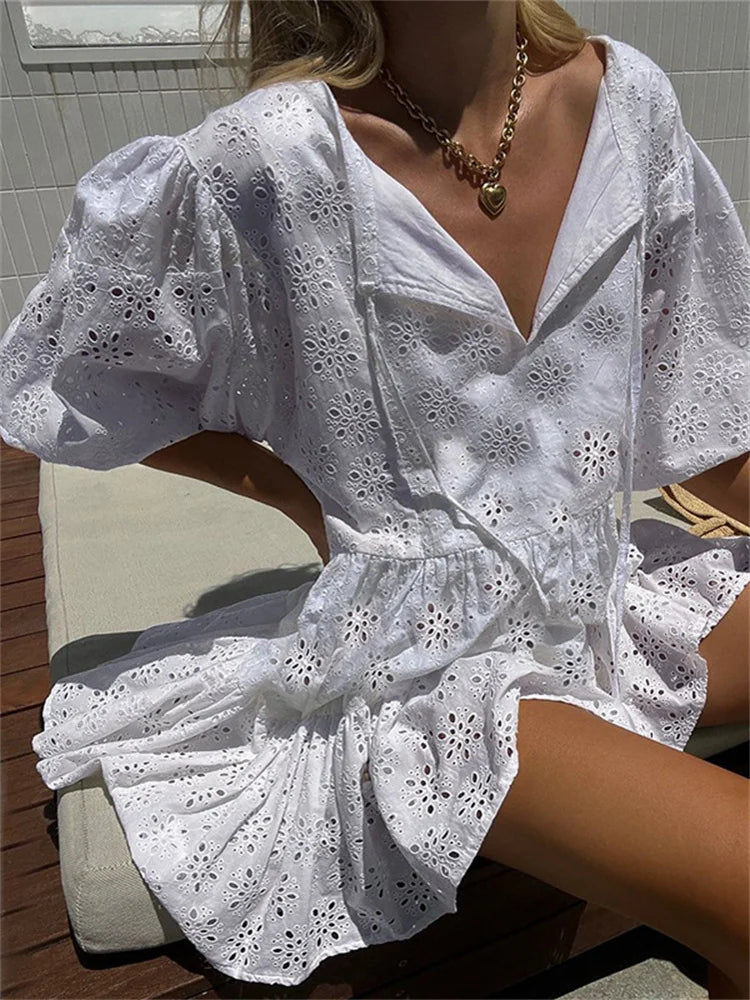 CHRONSTYLE Elegant Women Lace Floral Short Sleeve Mini Dress V-neck Solid High Waist Hollow Out Party Dress Female Vestidos 2022