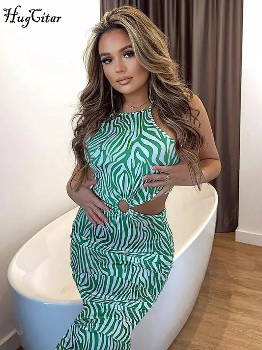 Hugcitar estampado a rayas cuello Halter sin mangas espalda descubierta vendaje ahuecado Sexy vestido Midi otoño elegante ropa de mujer fiesta de cumpleaños