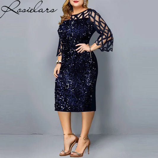 Elegant Sequin Plus Size 4XL 5XL Women Midi Dress Sexy Casual Evening Party Dresses Gown Wedding Luxury Robe Rouge Vestidos