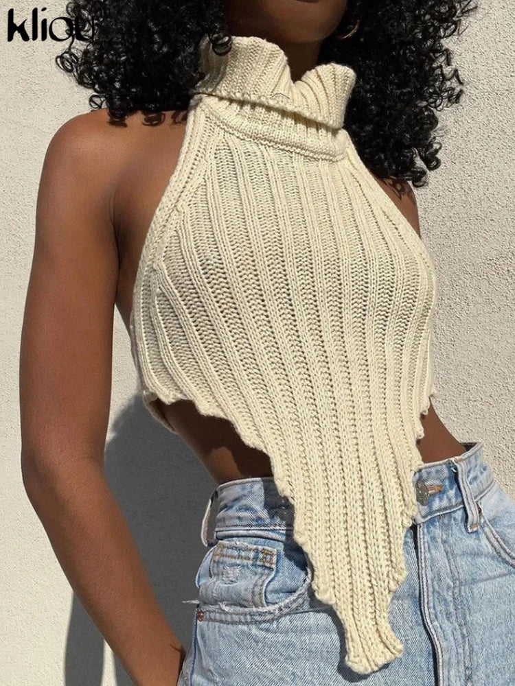 Kliou Knitted Worsted Vest For Women Fashion Irregular Shape Cut Out High Street Style Top Cascading Turtleneck Sleeveless Wear