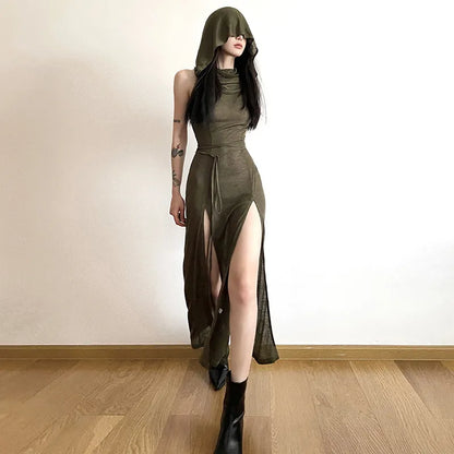 Goth Dark Cyber ​​gothique désert Walker robes à capuche Y2k Punk Grunge évider robe mi-longue femmes Sexy fendu côté solide Streetwear